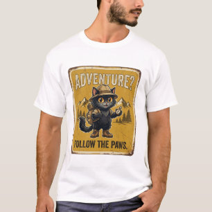 Camiseta Desenho de Explorador de Aventura de Gato Preto