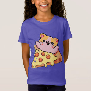 Camiseta Desenho de Gato Kawaii Abraçando Pizza de Pepperon