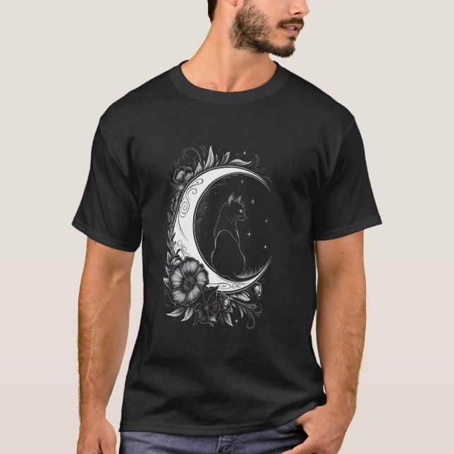 Camiseta Desenho de Gato Sentado em Flores de Lua Crescente (Frente)