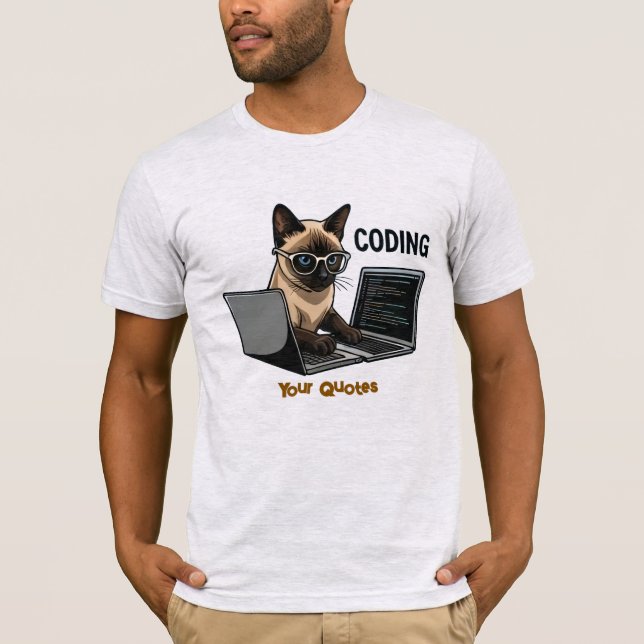 Camiseta Desenho de Gato Siames Cartoon Codificando (Frente)