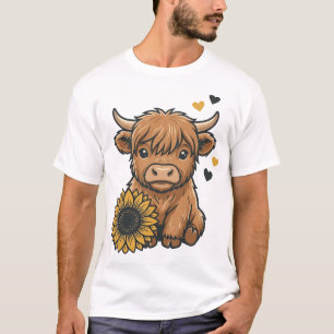 Camiseta Desenho de Girassol de Vaca das Terras Altas Fofo