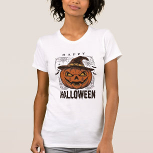 Camiseta Desenho de Gravura de Abóbora Feliz Halloween Vint