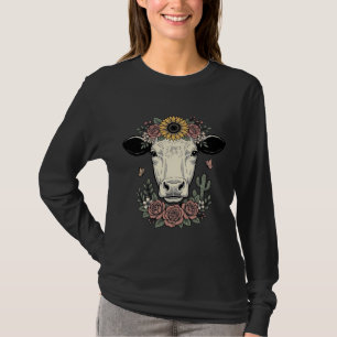Camiseta Desenho de Gravura Vintage Cabeça de Vaca Floral_1