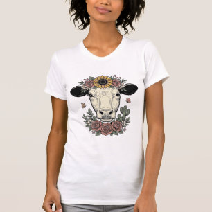 Camiseta Desenho de gravura vintage de cabeça de vaca flora