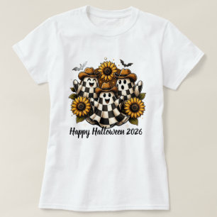 Camiseta Desenho de Halloween de Fantasmas Caubóis Xadrez R