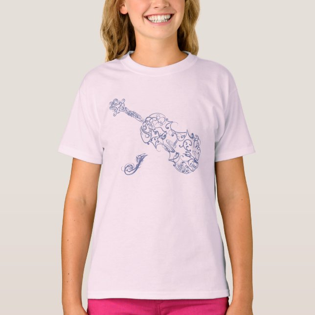 Camiseta Desenho de Linha Azul Violino com Inicial (Frente)