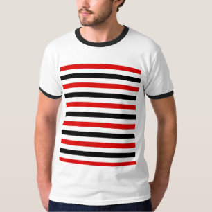 Camiseta desenho de listras vermelhas pretas e brancas