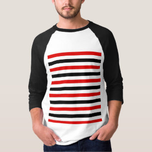 Camiseta desenho de listras vermelhas pretas e brancas