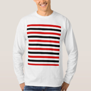 Camiseta desenho de listras vermelhas, pretas e brancas