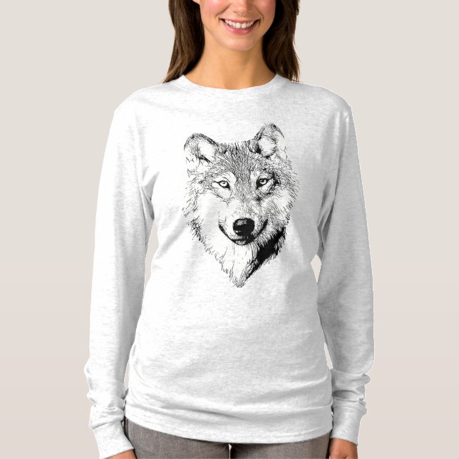 Camiseta Desenho de Lobo Preto e Branco  (Frente)