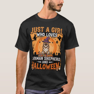 Camiseta Desenho de Menina de Halloween Pastora Alemã Bruxa