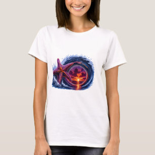 Camiseta Desenho de Onda do Oceano Estrela do Mar   Costa T