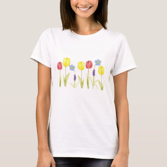 Camiseta Desenho de Primavera de Jardim das Flores Vermelha (Frente)