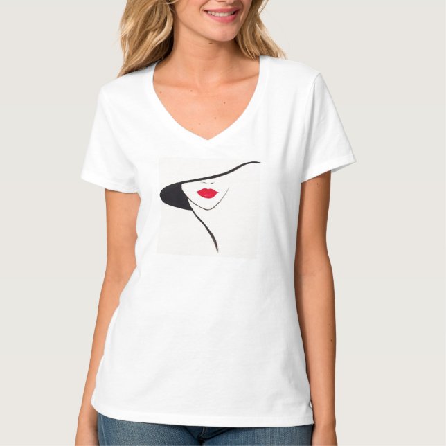Camiseta Desenho de Rosto da Mulher com Tee Chapéu - Visões (Frente)