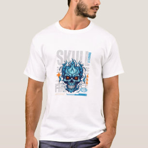 Camiseta Desenho de Streetwear de Caveira Flamejante Azul  