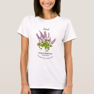 Camiseta Desenho de Texto de Erva de Manjericão Roxo Botâni