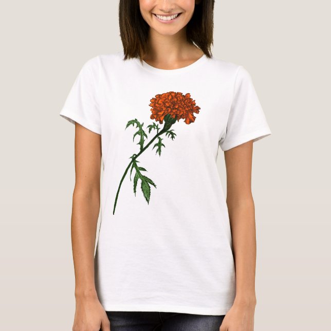 Camiseta Desenho de Tinta da Flor Marigold Francês (Frente)