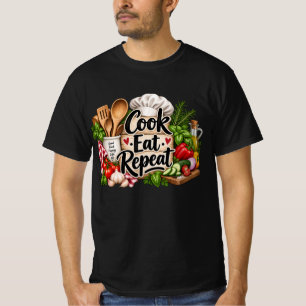 Camiseta Desenho Divertido Cozinhar Comer Repetir