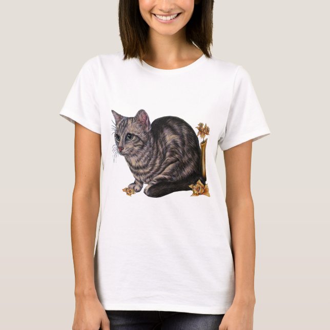 Camiseta Desenho do gato com Daffodils (Frente)