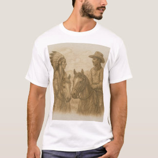 Camiseta Desenho do índio e do vaqueiro em cavalos