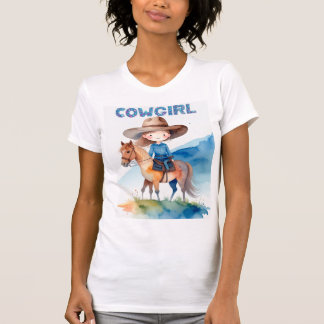 Camiseta Desenho em Aquarela de Garota Vaqueira Fofa Montan
