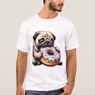 Camiseta Desenho engraçado de pug fofo comendo donut