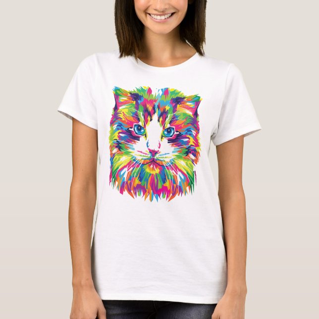 Camiseta Desenho Geométrico Prismático de Rosto de Gato-324 (Frente)