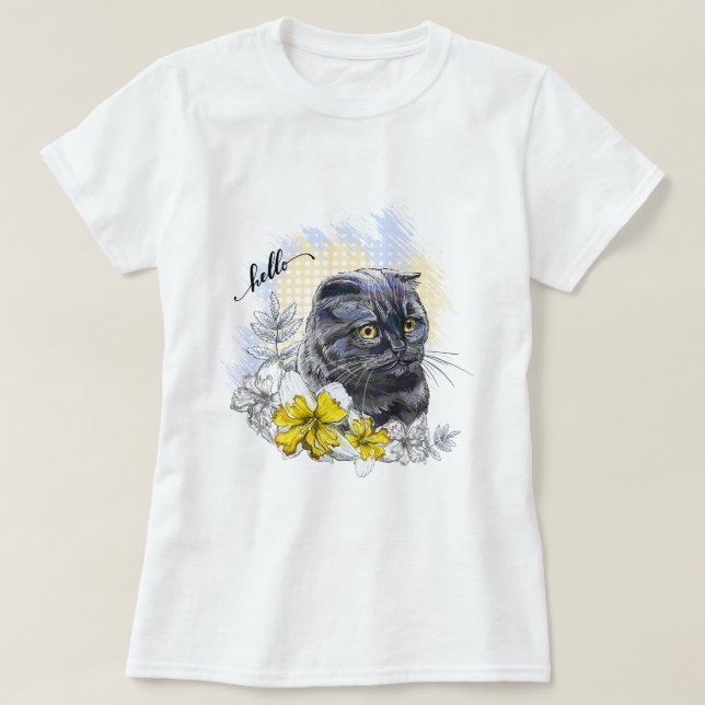 Camiseta Desenho manual de gata britânica negra engraçada c (Frente do Design)