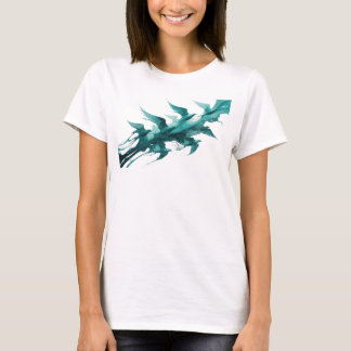 Camiseta Desenho Original de Pássaros Abstratos em Azul Tur