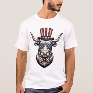 Camiseta Desenho Patriótico de Touro Gravura Vintage Americ