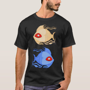 Camiseta Desenho Surrealista de Peixes Gêmeos com Olhos Gra