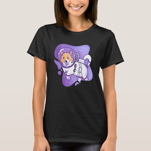 Camiseta Desenho Universo Espacial Flutuante Cute de Corgi (Frente)