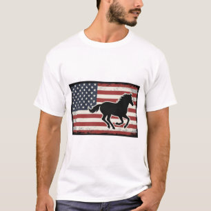 Camiseta Desenho Vetorial de Cavalo com Bandeira Americana 