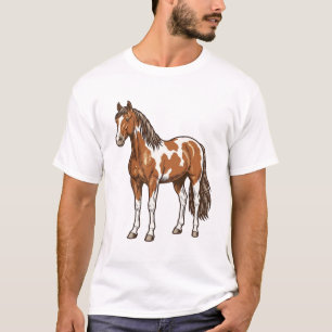Camiseta Desenho Vetorial de Cavalo Pinto Gravado Antigo_1