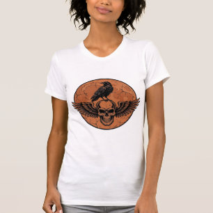 Camiseta Desenho Vetorial de Caveira Alada de Corvo Vintage