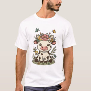 Camiseta Desenho Vetorial de Gravura Vintage de Bezerro Flo