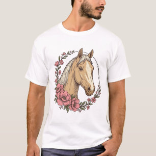 Camiseta Desenho Vetorial de Retrato de Cavalo Floral Vinta