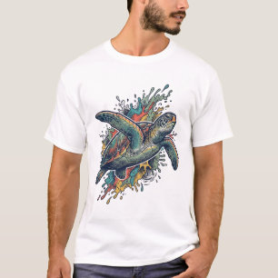 Camiseta Desenho Vetorial de Tartaruga Marinha Splash com G
