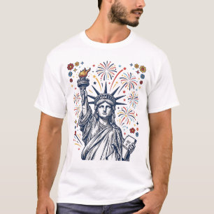 Camiseta Desenho Vetorial Patriótico de Fogos de Artifício