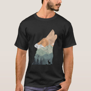 Camiseta desenho vintage da natureza com silhueta de lobo