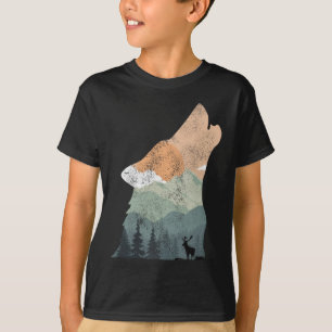 Camiseta desenho vintage da natureza com silhueta de lobo