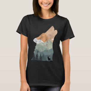 Camiseta desenho vintage da natureza com silhueta de lobo