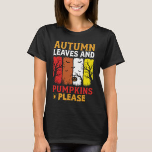 Camiseta Desenho Vintage de Folhas de Outono e Abóboras de