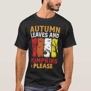 Camiseta Desenho Vintage de Folhas de Outono e Abóboras de