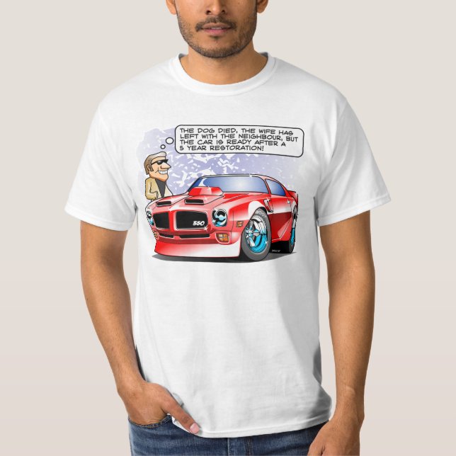 Camiseta Desenhos animados da restauração do carro de 1971 (Frente)