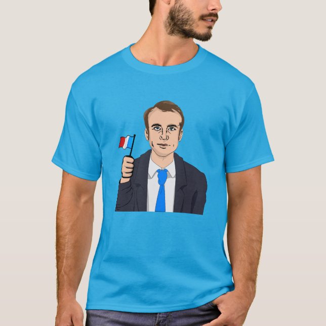 Camiseta Desenhos animados de Macron com bandeira francesa (Frente)