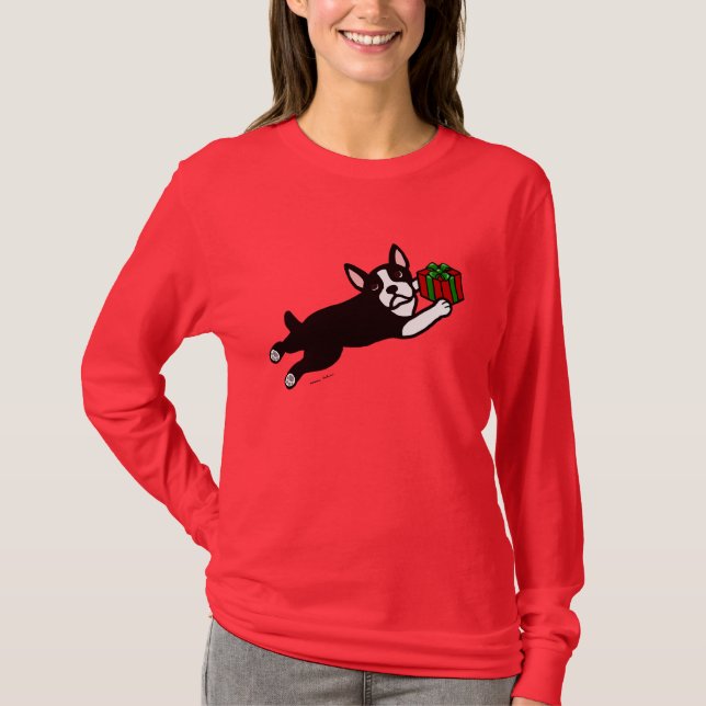 Camiseta Desenhos animados do Natal 2 de Boston Terrier (Frente)