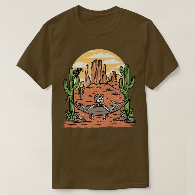 Camiseta Desert Scene Cactus Skeleton Cowboy In Hat And Ham (Frente do Design)