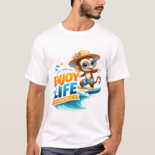 Camiseta Desfrute da Vida Ilustração de Macaco Surfista F