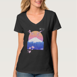 Camiseta Design Artístico Japonês Do Monte Fuji Com Cereja